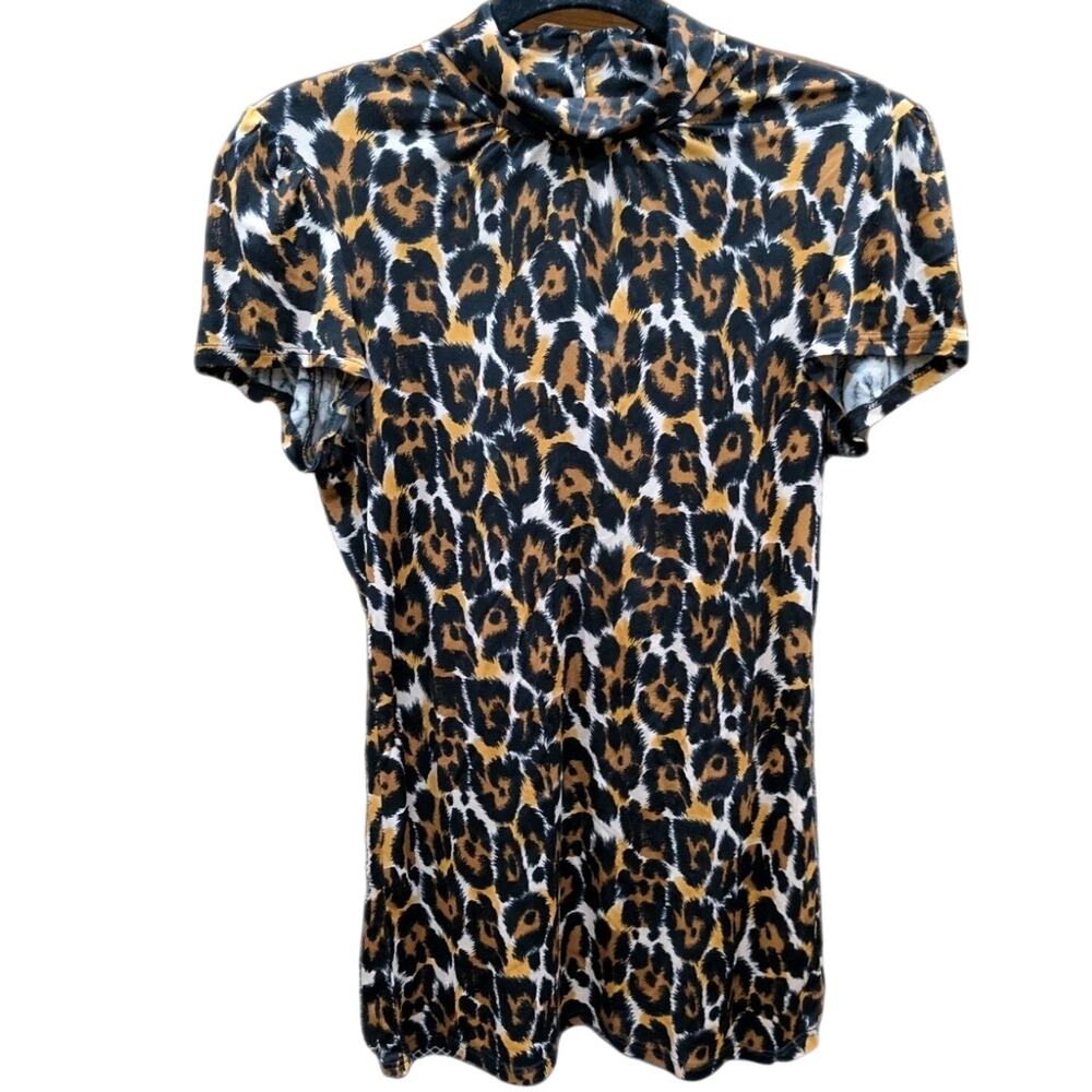 Trina Turk 100% Silk Leopard Print Top Womens M Buttoned Mock Neck Blouse Money